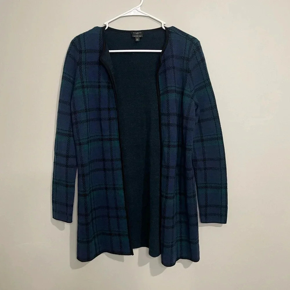 Talbots Blue Plaid Merino Wool Open Front Blazer Cardigan‎
